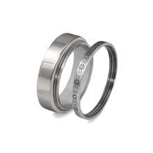 Load image into Gallery viewer, Engraved sculpted steel gamos interlocking engagement and wedding ring